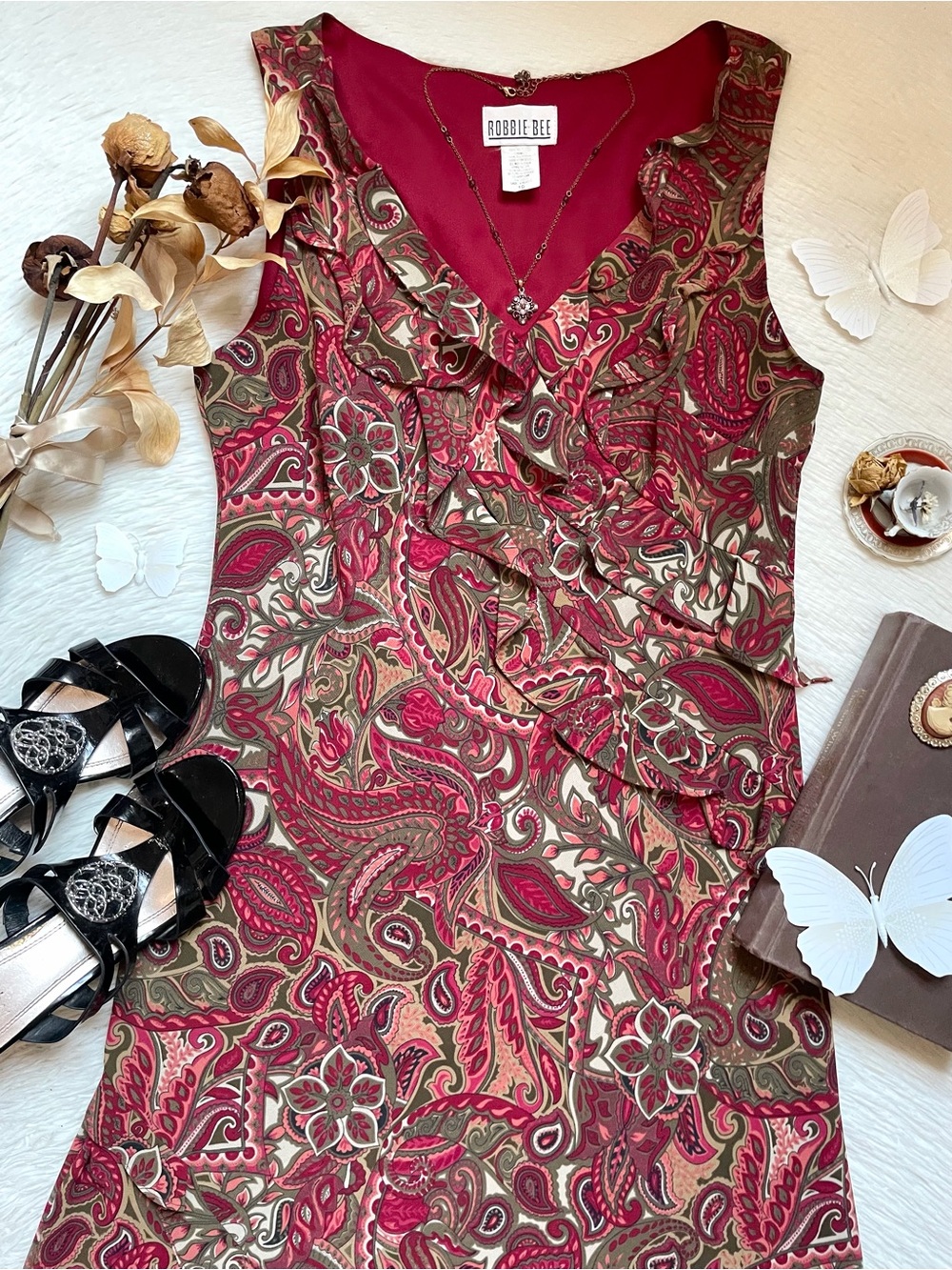 Vintage 90s whimsigoth Robbie Bee Burgundy Paisley Ruffle Sleeveless Dress